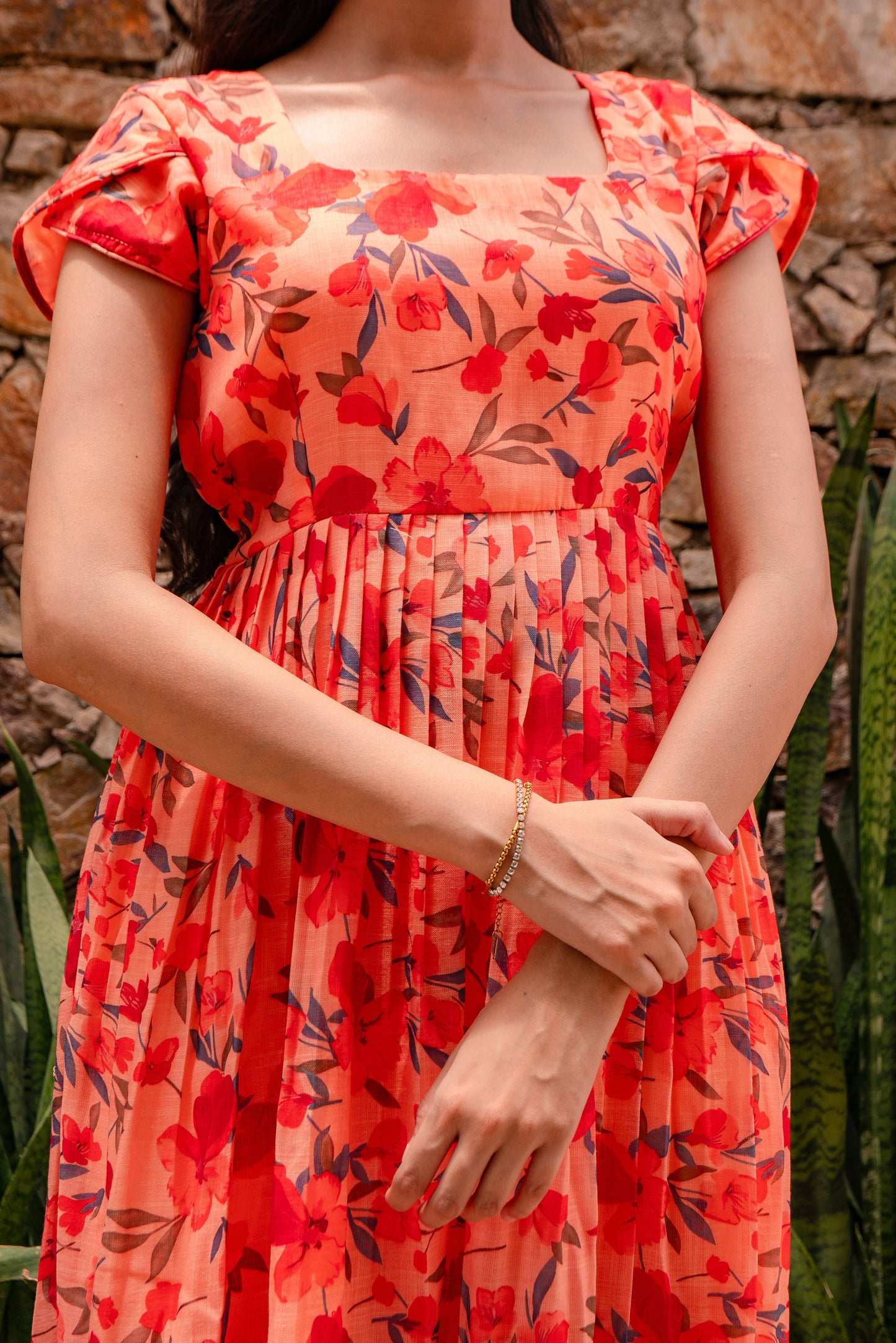 Floral  Bloom Tiered Midi -Peach