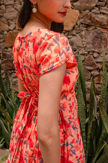 Floral  Bloom Tiered Midi -Peach