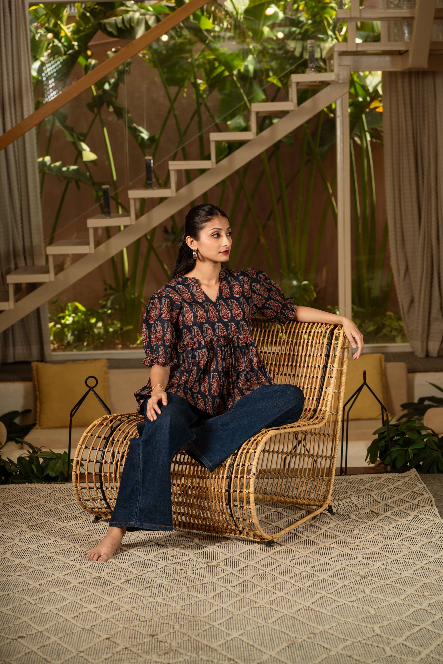 Navy Heritage -Cotton Peplum Top