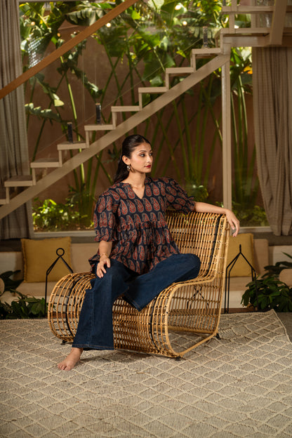 Navy Heritage -Cotton Peplum Top