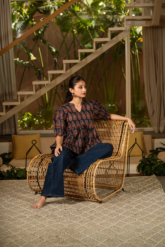Navy Heritage -Cotton Peplum Top