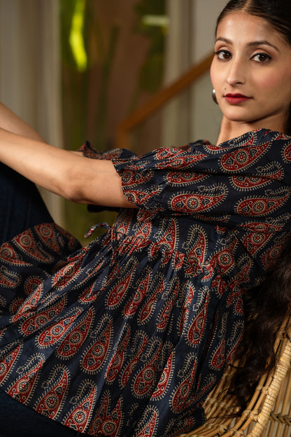 Navy Heritage -Cotton Peplum Top