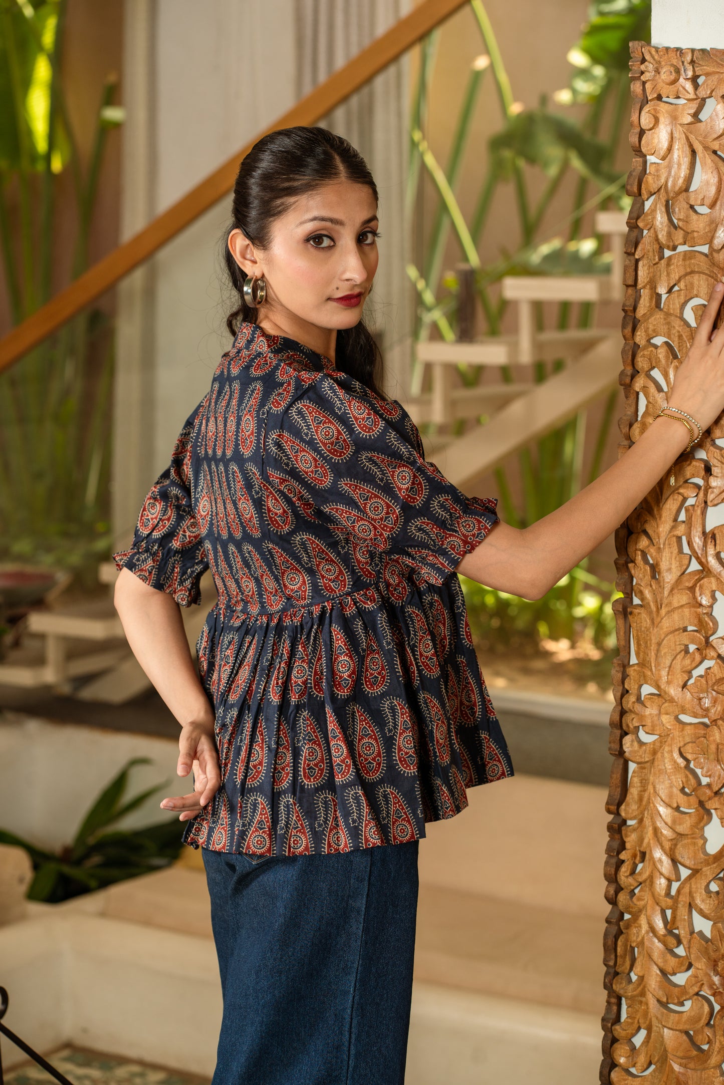 Navy Heritage -Cotton Peplum Top