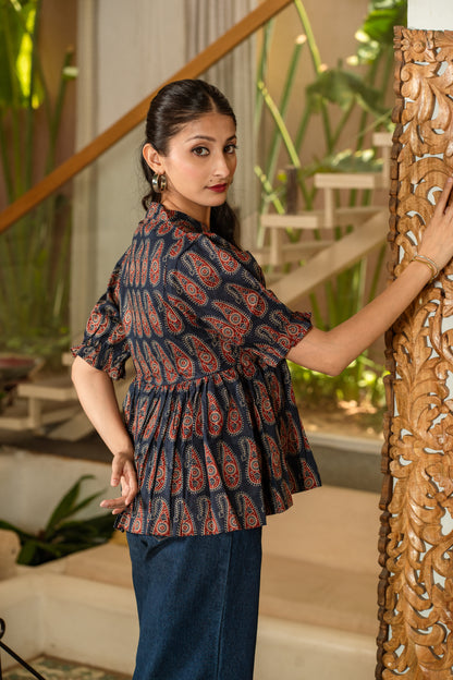 Navy Heritage -Cotton Peplum Top