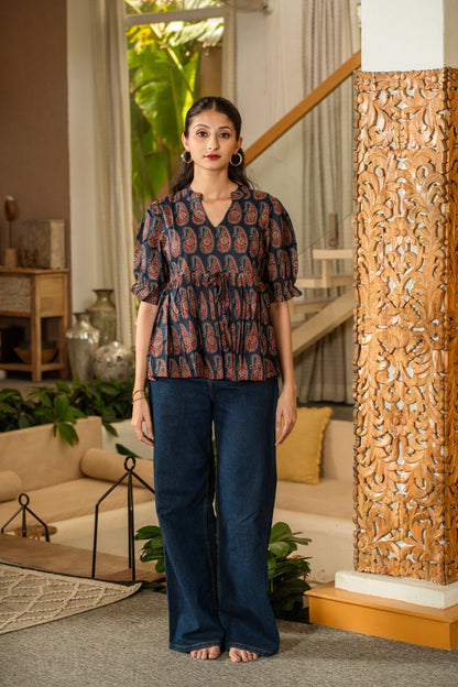 Navy Heritage -Cotton Peplum Top