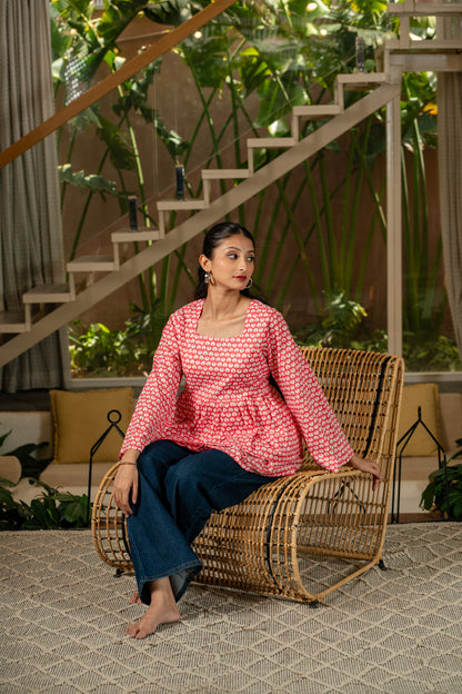 Peach Butterfly -Cotton Peplum Top