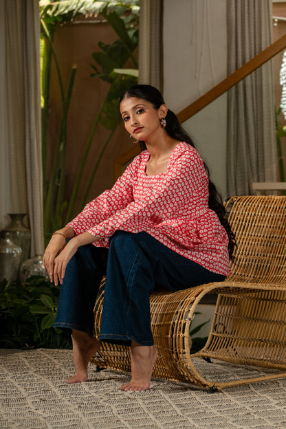 Peach Butterfly -Cotton Peplum Top