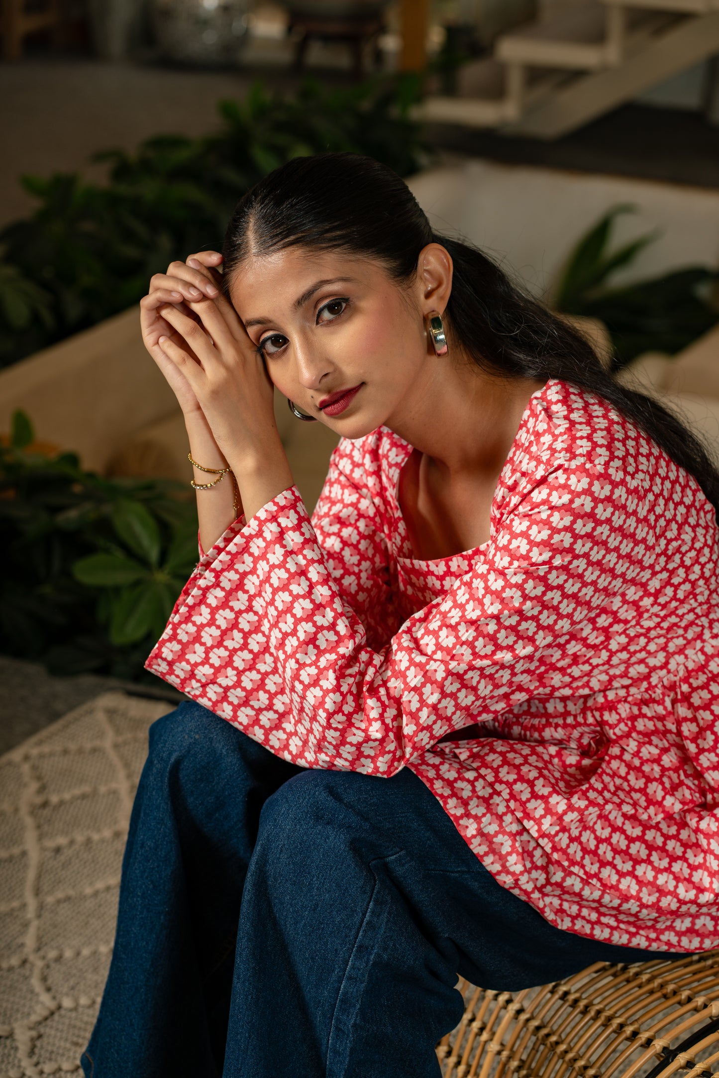 Peach Butterfly -Cotton Peplum Top