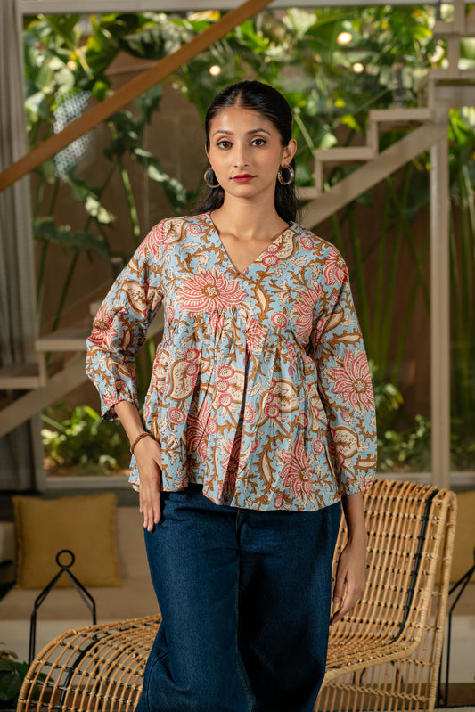 Sky Blossom - Cotton Peplum Top
