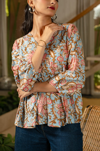 Sky Blossom - Cotton Peplum Top
