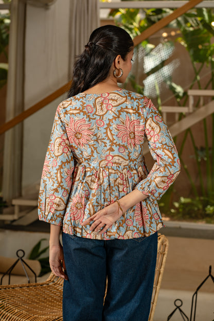 Sky Blossom - Cotton Peplum Top