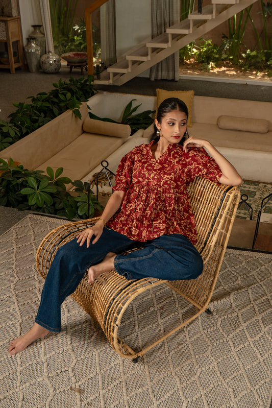 Crimson Garden - Cotton Peplum Top