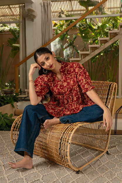 Crimson Garden - Cotton Peplum Top