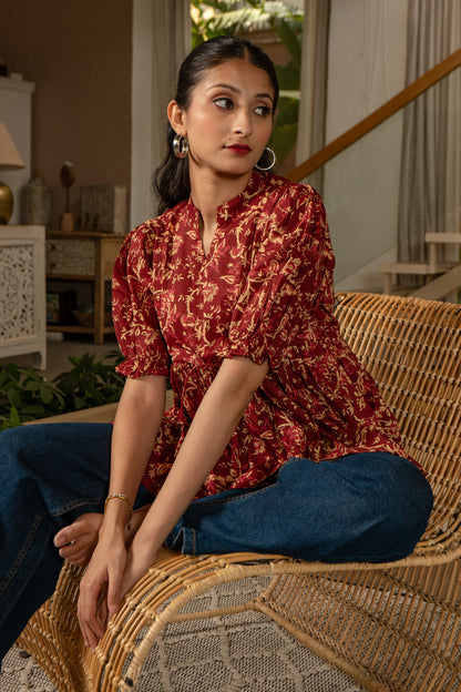 Crimson Garden - Cotton Peplum Top