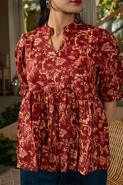 Crimson Garden - Cotton Peplum Top