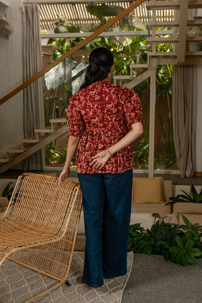 Crimson Garden - Cotton Peplum Top