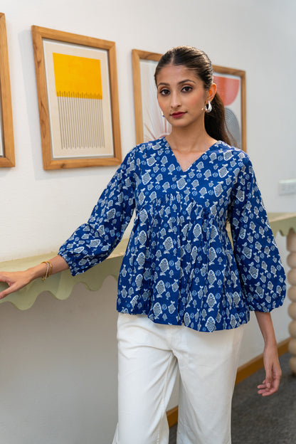 Ocean Bloom - Cotton Peplum Top