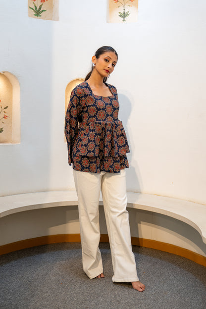 Navy Bloom - Double Layer Peplum Top