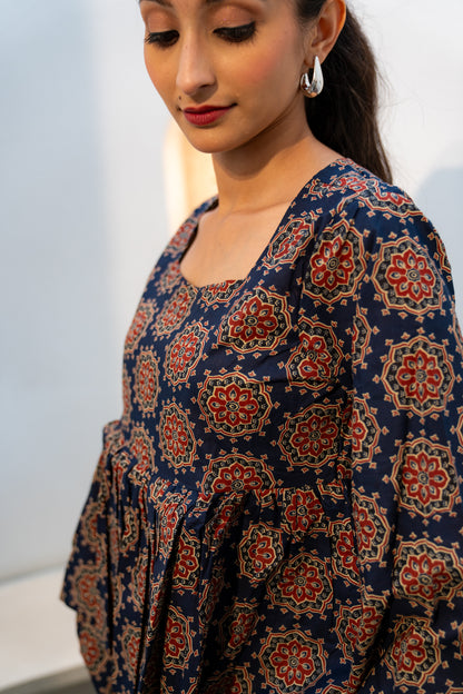 Navy Bloom - Double Layer Peplum Top