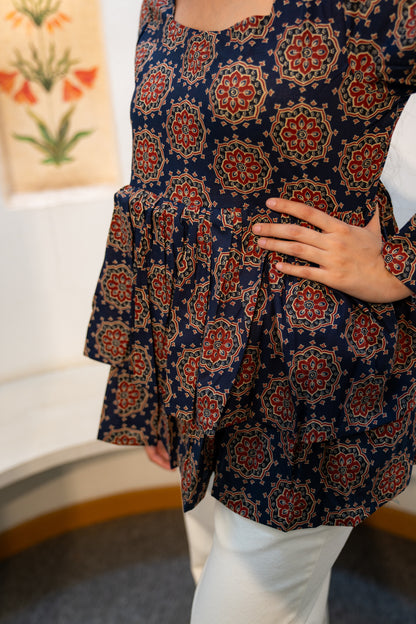 Navy Bloom - Double Layer Peplum Top