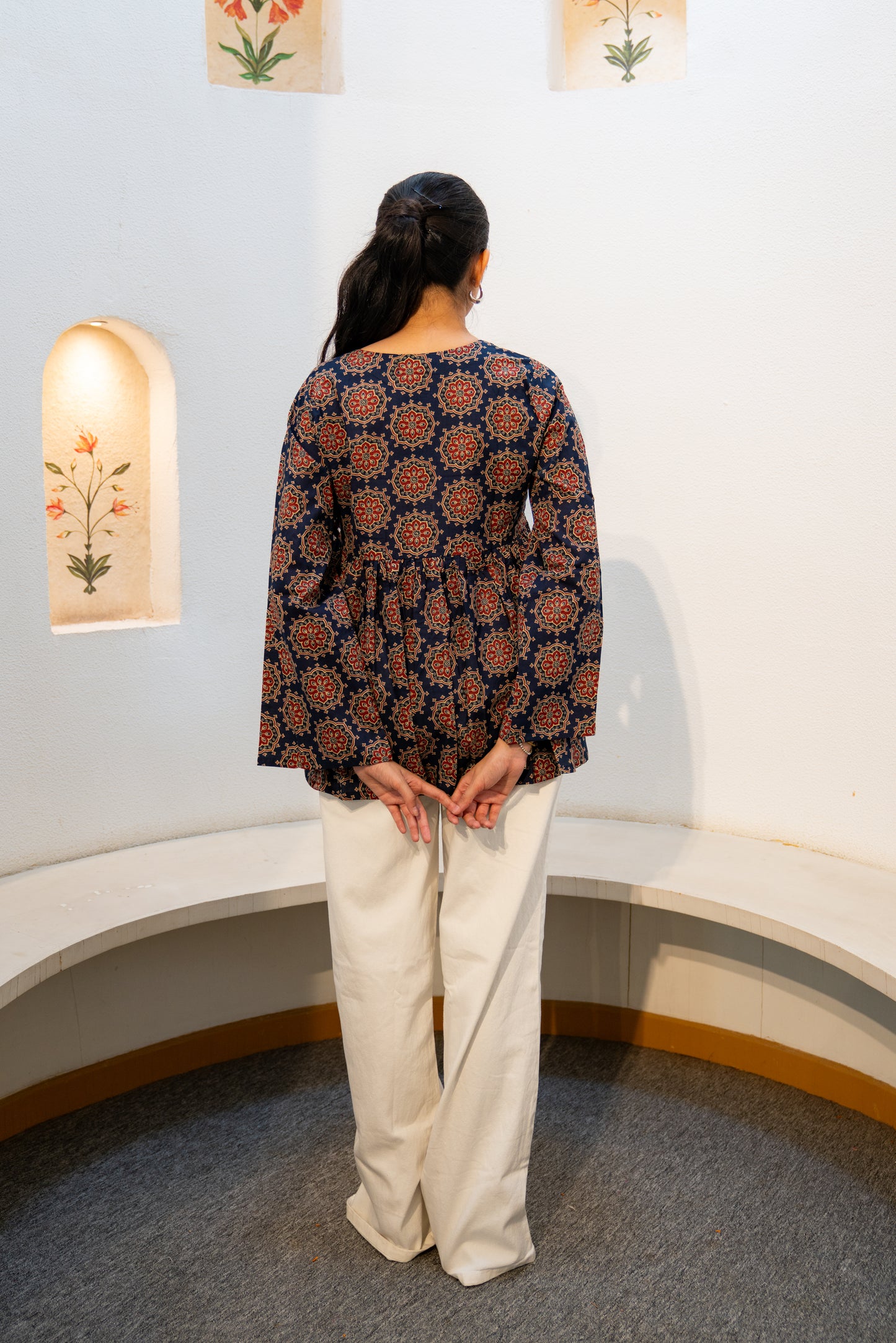 Navy Bloom - Double Layer Peplum Top
