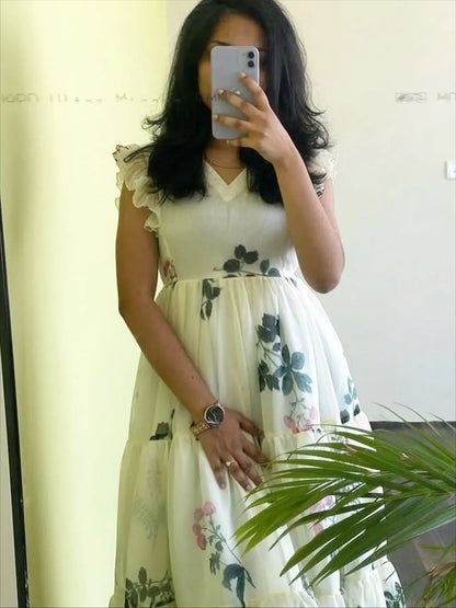 White Floral Midi Dresses image 0
