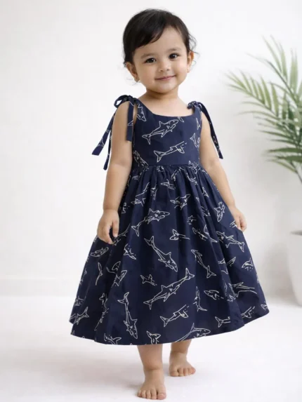 🦈 Little Explorer Shark Cotton Frock 💙